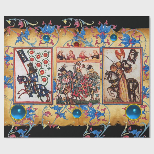 PAPIER CADEAU PRINCESSE PENTHESILEIA ET CHEVALIER BLEU À CHEVAL (Plat)