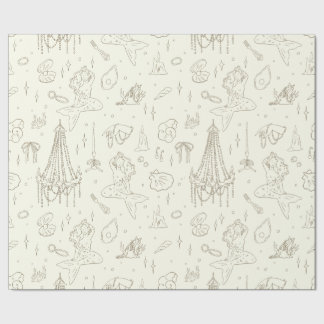 Papier Cadeau Princesse Sirène Fantaisie Océan Motif Toile Beige