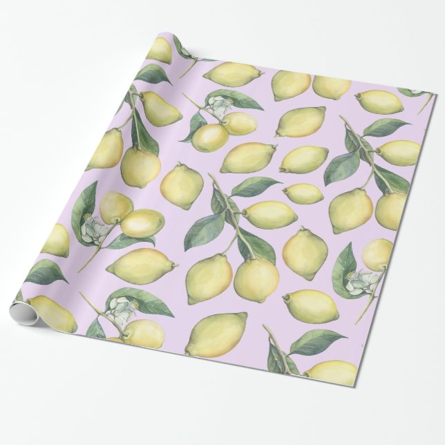 Papier Cadeau Printemps Aquarelle fraîche jaune branches de citr (Déroulé)