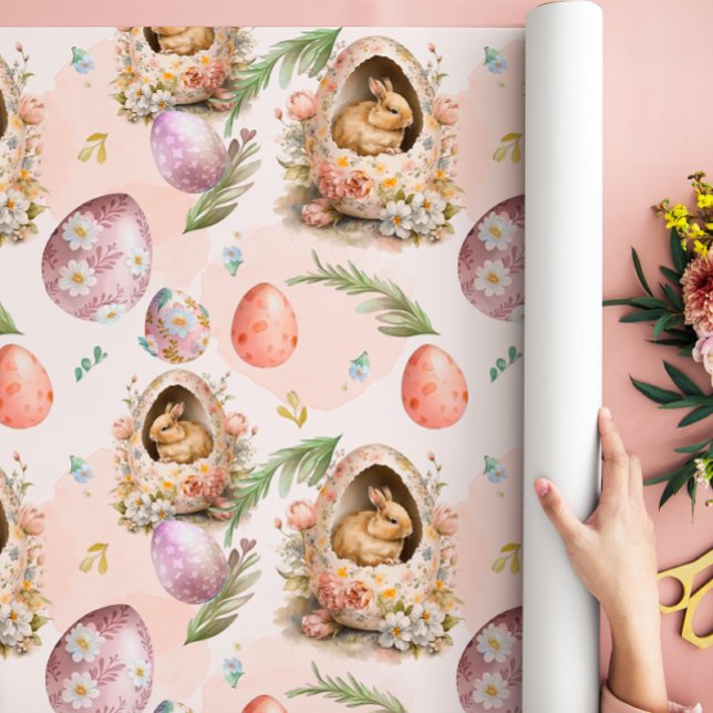 Papier Cadeau Printemps Floral Lapin de Pâques Célébration rose (Créateur téléchargé)