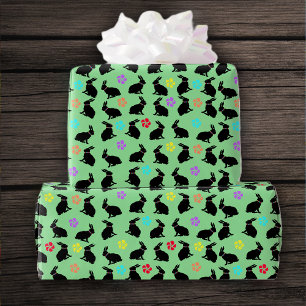 Papier Cadeau Printemps noir assis lapin Fleurs colorées