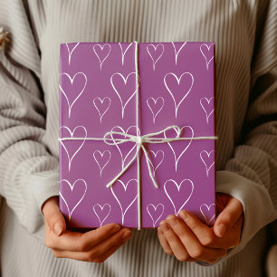 Papier Cadeau Prune Élégant Contour de Cœur Blanc Cadre Chic