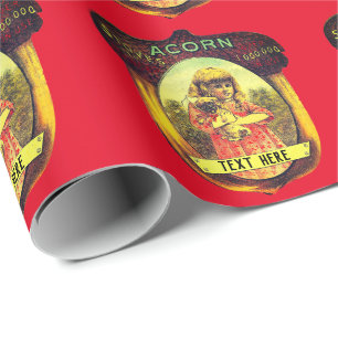 Papier Cadeau Publicité vintage pour poêle en gland rouge jaune 