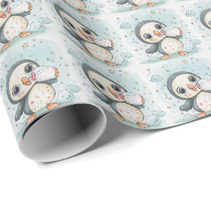 Papier Cadeau Puffin Cute Baby Pastel Motif d'aquarelle