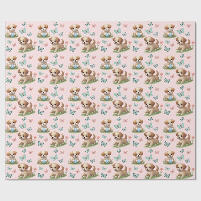 Papier Cadeau Puppies and Butterflies Pattern Baby Bib (Plat)