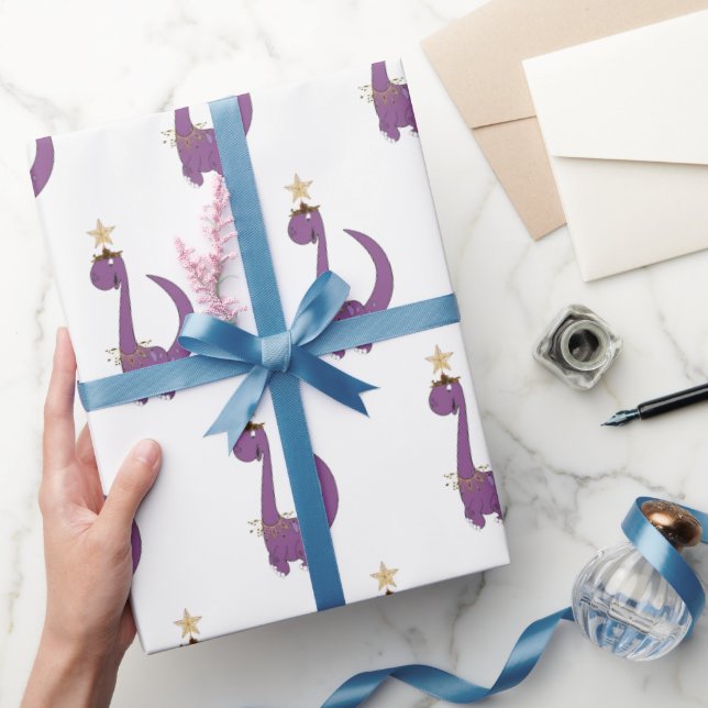 Papier Cadeau Purple Dino avec son étoile de Noël (Cadeaux)