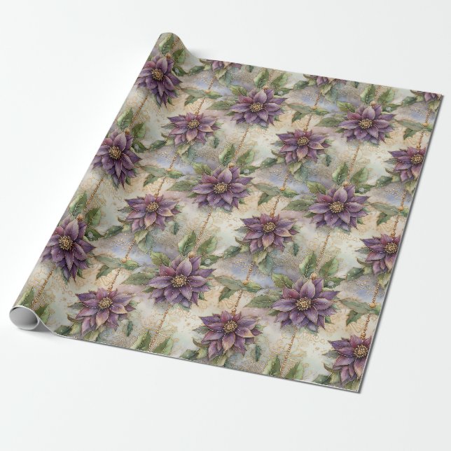 Papier Cadeau Purple Elegance Luxe Poinsettia & Holly Christmas (Déroulé)