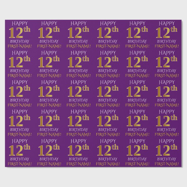 Papier Cadeau Purple, Faux Gold "HEUREUX 12ème anniversaire" (Plat)