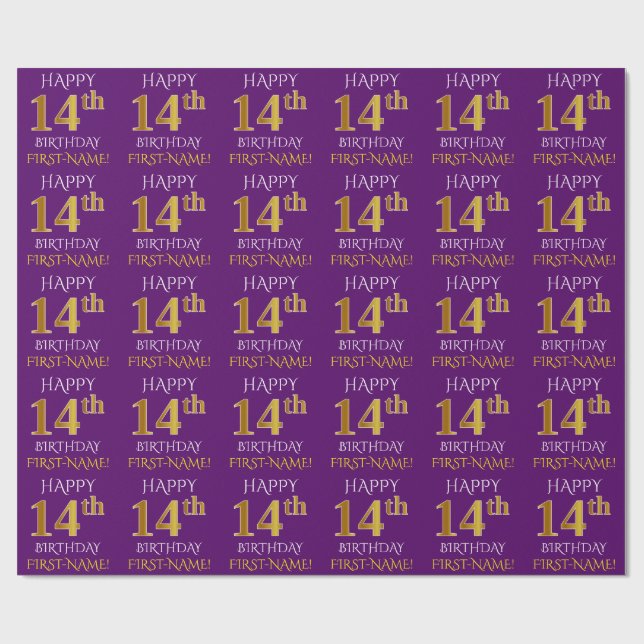 Papier Cadeau Purple, Faux Gold "HEUREUX 14e anniversaire" (Plat)