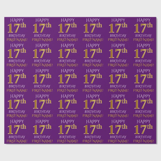 Papier Cadeau Purple, Faux Gold "HEUREUX 17ème anniversaire" (Plat)
