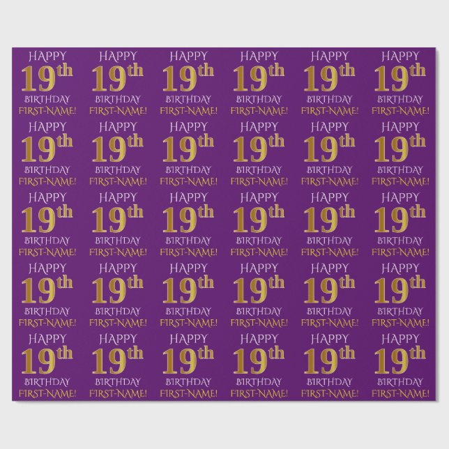 Papier Cadeau Purple, Faux Gold "HEUREUX 19e anniversaire" (Plat)
