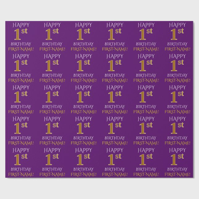 Papier Cadeau Purple, Faux Gold "HEUREUX 1er anniversaire" (Plat)