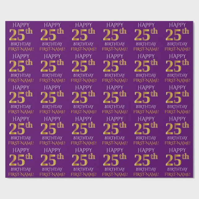 Papier Cadeau Purple, Faux Gold "HEUREUX 25ème anniversaire" (Plat)