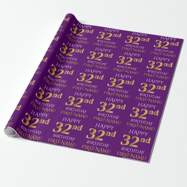 Papier Cadeau Purple, Faux Gold "HEUREUX 32e anniversaire" (Déroulé)