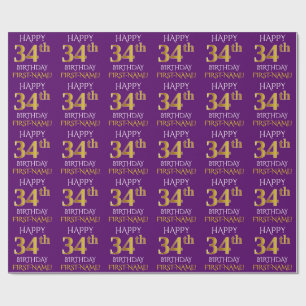 Papier Cadeau Purple, Faux Gold "HEUREUX 34e anniversaire"
