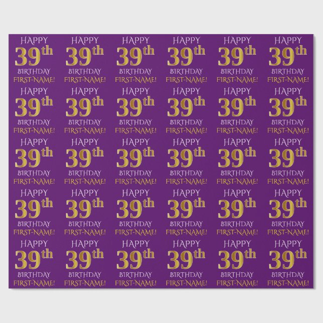 Papier Cadeau Purple, Faux Gold "HEUREUX 39e anniversaire" (Plat)