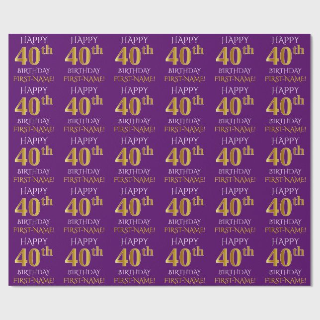 Papier Cadeau Purple, Faux Gold "HEUREUX 40e anniversaire" (Plat)