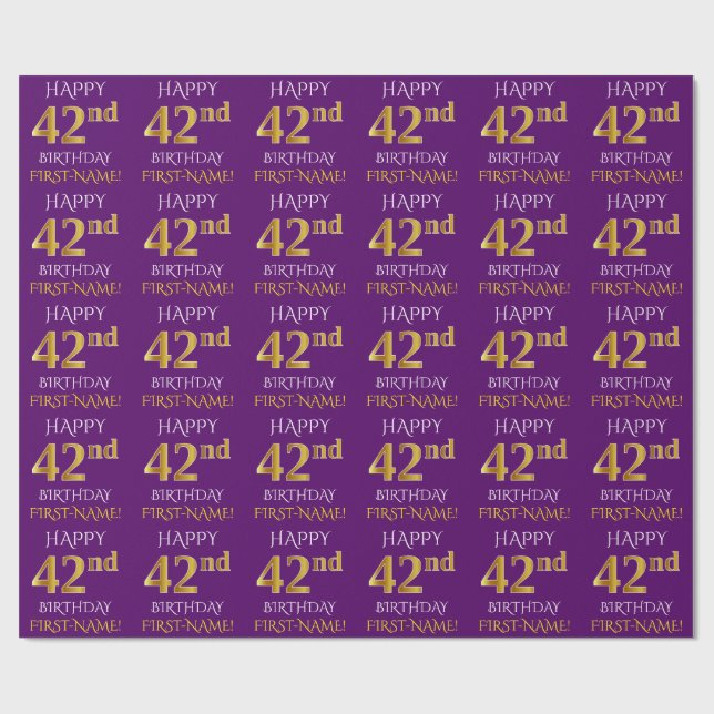 Papier Cadeau Purple, Faux Gold "HEUREUX 42e anniversaire" (Plat)