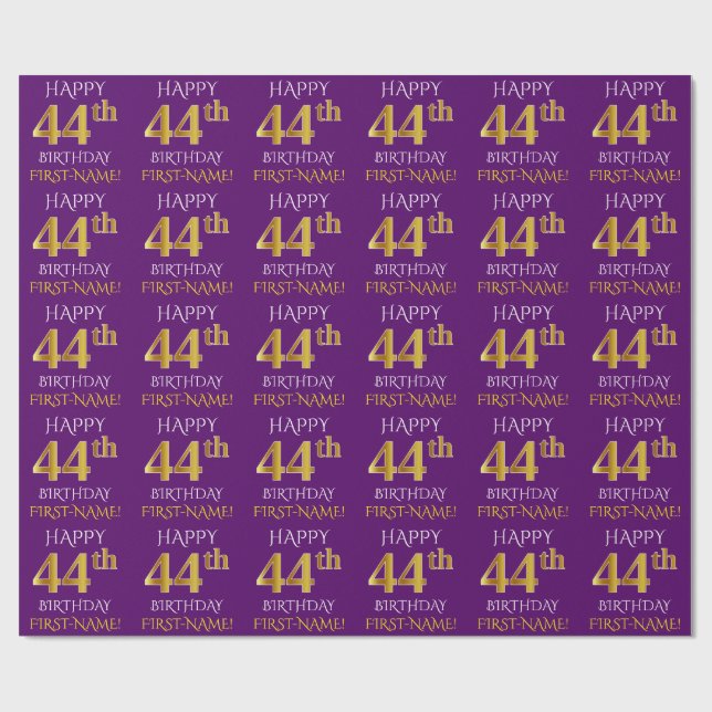 Papier Cadeau Purple, Faux Gold "HEUREUX 44e anniversaire" (Plat)