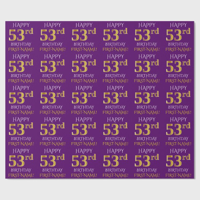 Papier Cadeau Purple, Faux Gold "HEUREUX 53e anniversaire" (Plat)