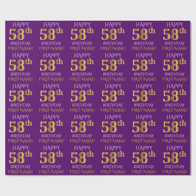 Papier Cadeau Purple, Faux Gold "HEUREUX 58e anniversaire" (Plat)