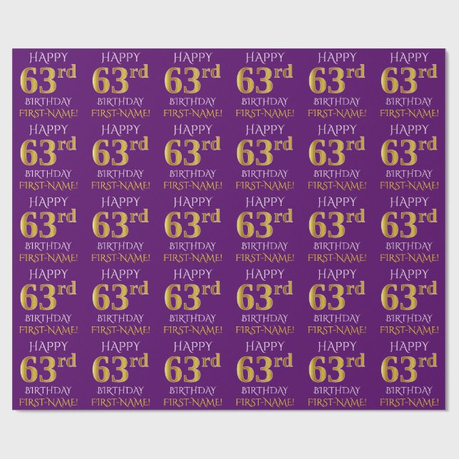 Papier Cadeau Purple, Faux Gold "HEUREUX 63e anniversaire" (Plat)