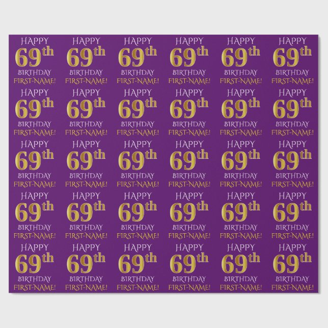 Papier Cadeau Purple, Faux Gold "HEUREUX 69e anniversaire" (Plat)