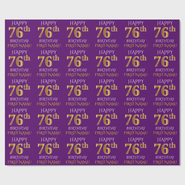 Papier Cadeau Purple, Faux Gold "HEUREUX 76e ANNIVERSAIRE" (Plat)