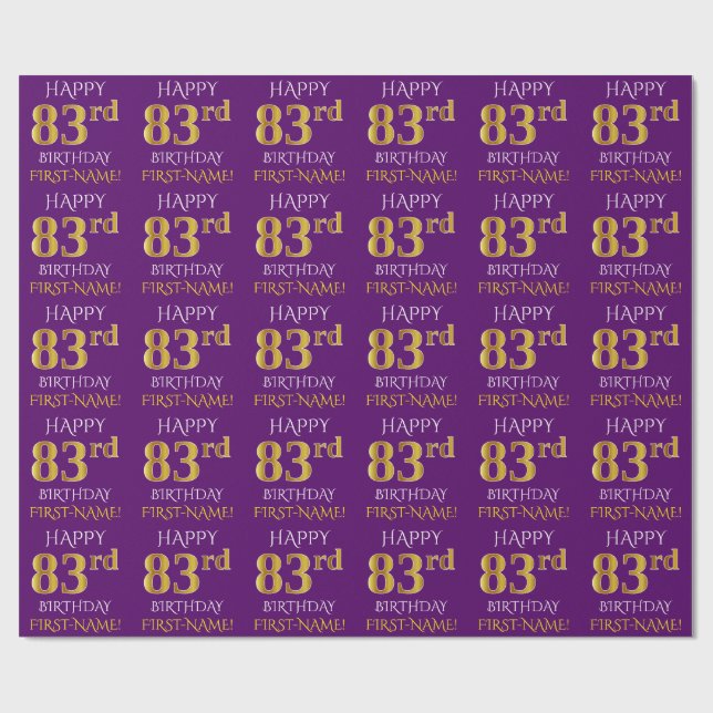 Papier Cadeau Purple, Faux Gold "HEUREUX 83e anniversaire" (Plat)