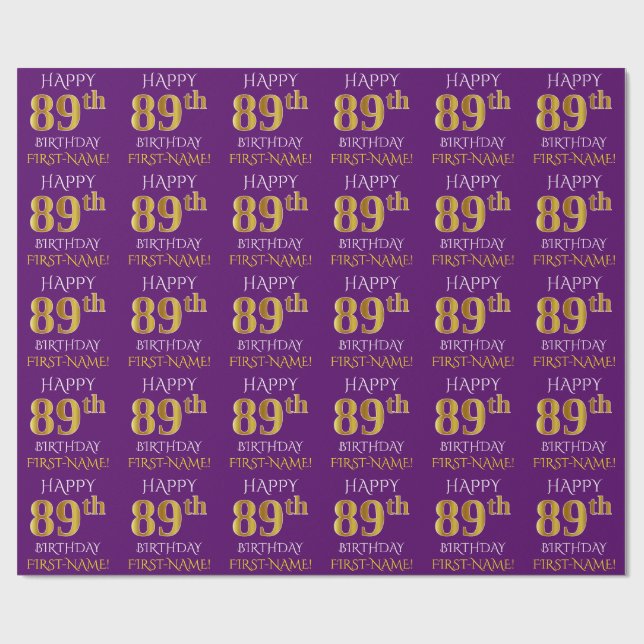 Papier Cadeau Purple, Faux Gold "HEUREUX 89e ANNIVERSAIRE" (Plat)
