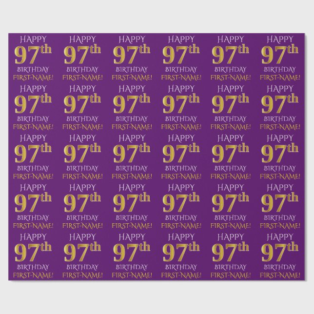 Papier Cadeau Purple, Faux Gold "HEUREUX 97e anniversaire" (Plat)