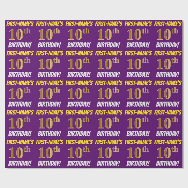 Papier Cadeau Purple, Faux/Imitation Gold, "10e anniversaire" (Plat)