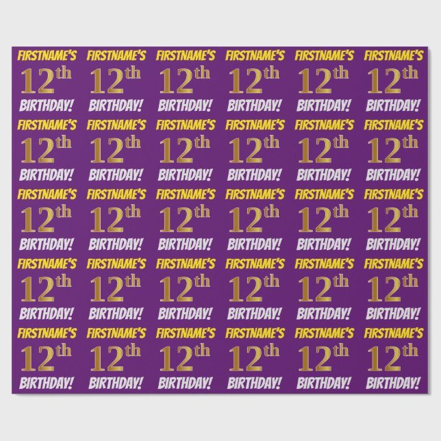 Papier Cadeau Purple, Faux/Imitation Gold, "12e anniversaire" (Plat)