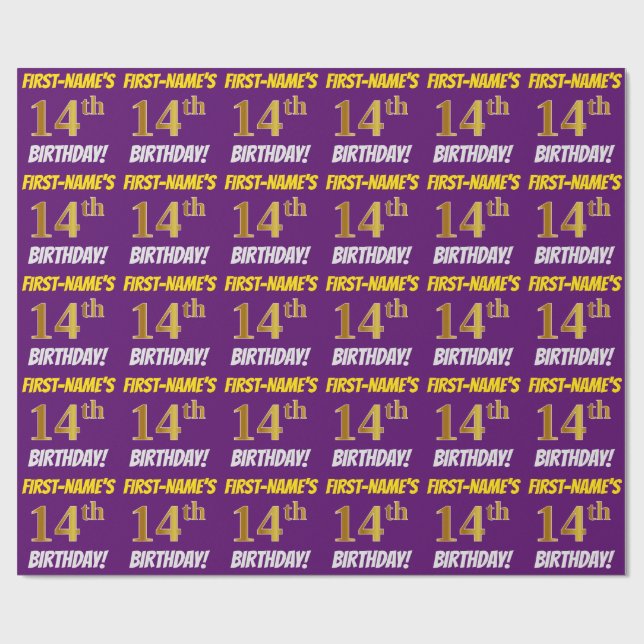 Papier Cadeau Purple, Faux/Imitation Gold, "14e anniversaire" (Plat)