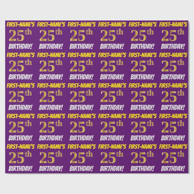Papier Cadeau Purple, Faux/Imitation Gold, "25e anniversaire" (Plat)