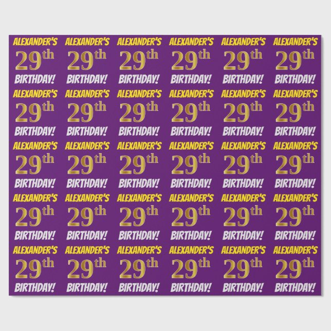 Papier Cadeau Purple, Faux/Imitation Gold, "29e ANNIVERSAIRE" (Plat)