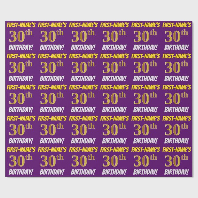 Papier Cadeau Purple, Faux/Imitation Gold, "30e ANNIVERSAIRE" (Plat)