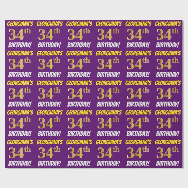Papier Cadeau Purple, Faux/Imitation Gold, "34e anniversaire" (Plat)