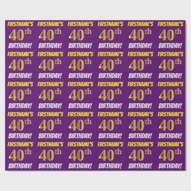 Papier Cadeau Purple, Faux/Imitation Gold, "40e ANNIVERSAIRE" (Plat)