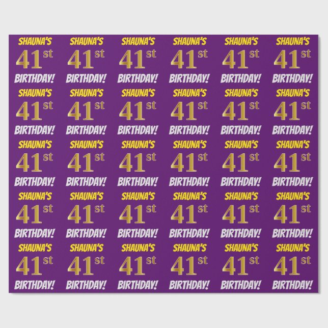 Papier Cadeau Purple, Faux/Imitation Gold, "41e ANNIVERSAIRE" (Plat)