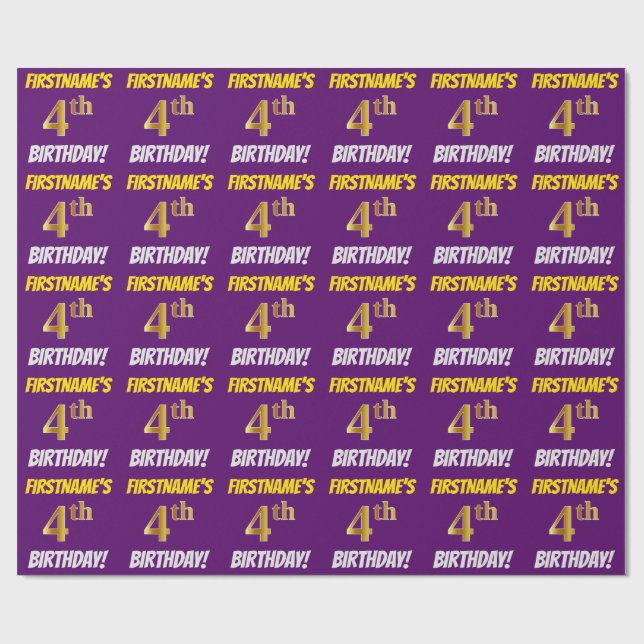 Papier Cadeau Purple, Faux/Imitation Gold, "4e anniversaire" (Plat)