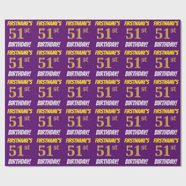 Papier Cadeau Purple, Faux/Imitation Gold, "51e ANNIVERSAIRE" (Plat)