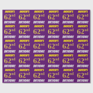 Papier Cadeau Purple, Faux/Imitation Gold, "62e anniversaire"