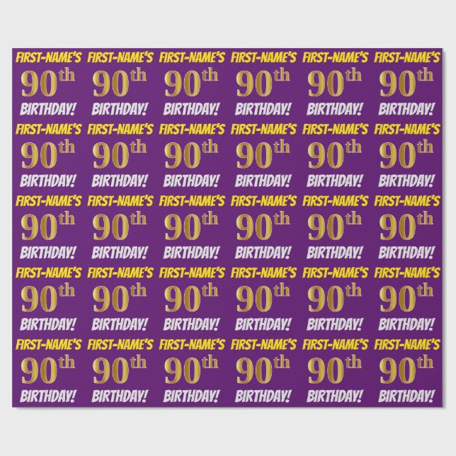 Papier Cadeau Purple, Faux/Imitation Gold, "90e ANNIVERSAIRE" (Plat)