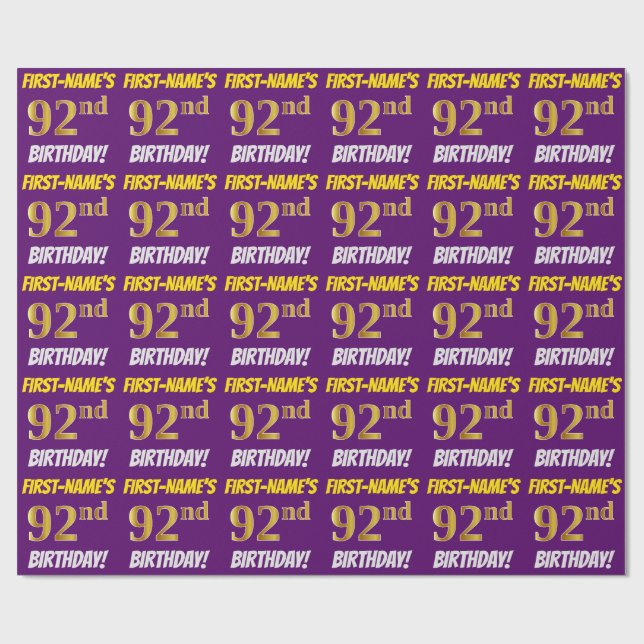 Papier Cadeau Purple, Faux/Imitation Gold, "92e anniversaire" (Plat)