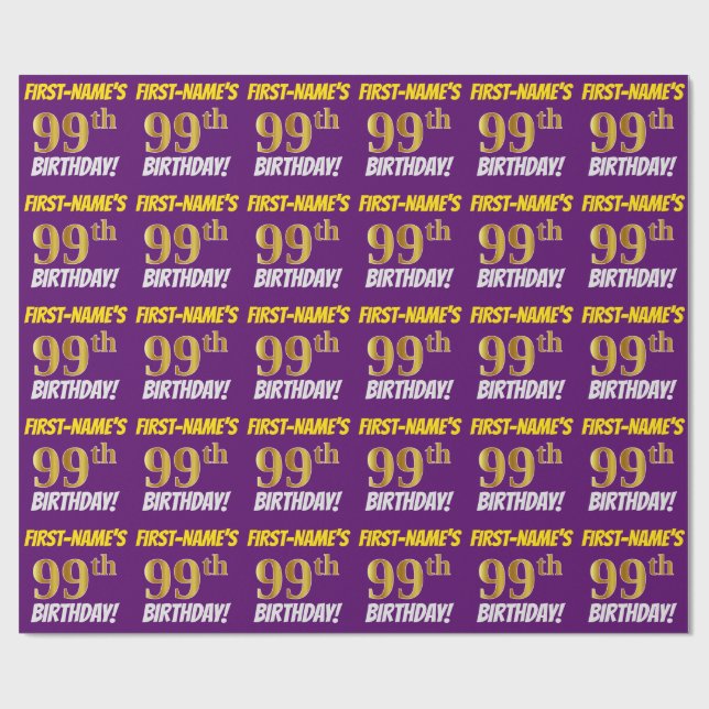Papier Cadeau Purple, Faux/Imitation Gold, "99e ANNIVERSAIRE" (Plat)