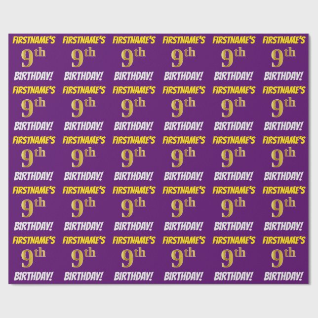 Papier Cadeau Purple, Faux/Imitation Gold, "9e anniversaire" (Plat)