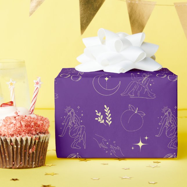 Papier Cadeau Purple Gold Goddess Tattoo Pattern  (Fête d'anniversaire)