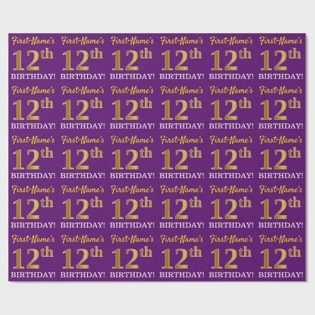 Papier Cadeau Purple, Imitation Gold Look "12ème anniversaire" (Plat)
