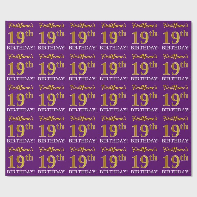 Papier Cadeau Purple, Imitation Gold Look "19ème anniversaire" (Plat)